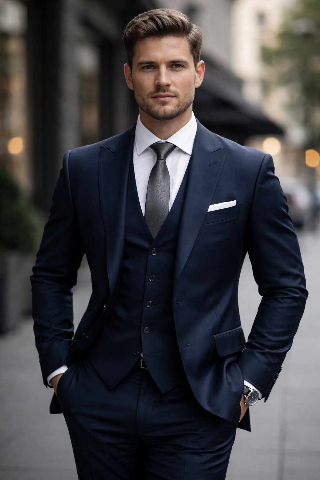 Man in a navy suit wearing a tie