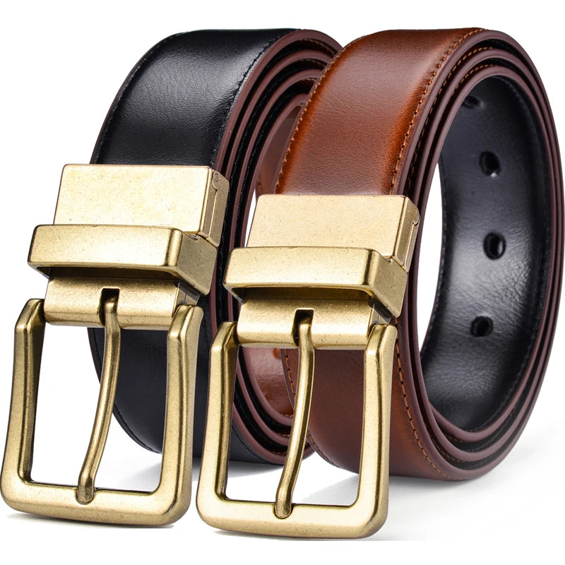 HeritageTurn Reversible Leather Belt – Two-in-One Adjustable Men’s Belt with Antique Copper Buckle
