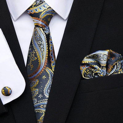 Golden Plaid Prestige Set – Jacquard Necktie, Handkerchief & Cufflinks Gift Set
