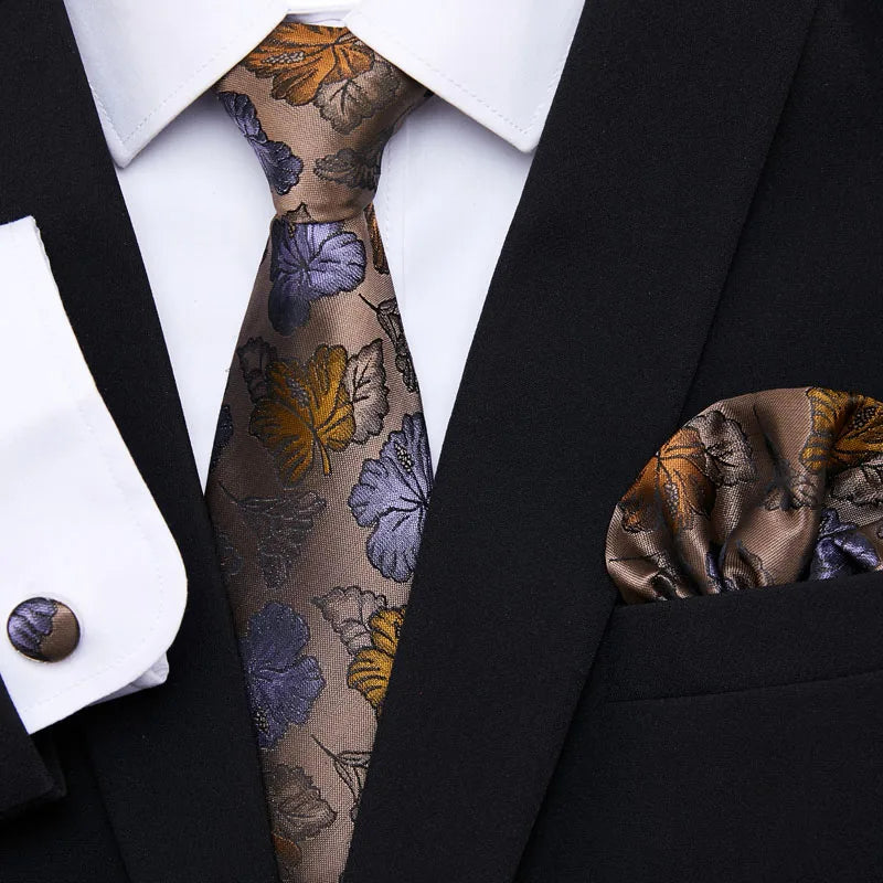 Golden Plaid Prestige Set – Jacquard Necktie, Handkerchief & Cufflinks Gift Set