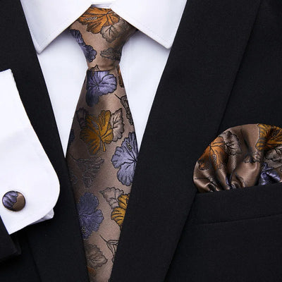 Golden Plaid Prestige Set – Jacquard Necktie, Handkerchief & Cufflinks Gift Set