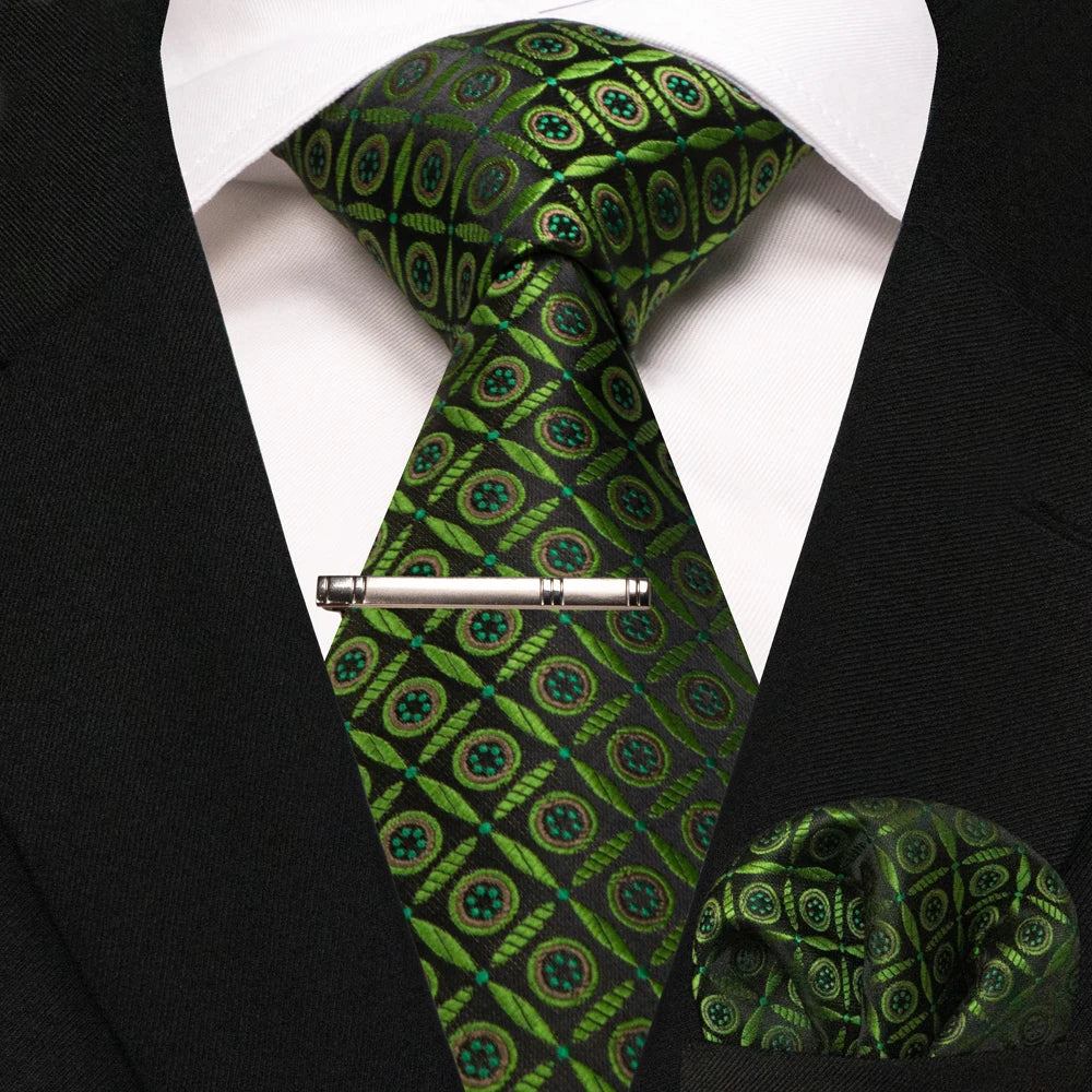 JEMYGINS Black Plaid Silk Tie Set for Men – Necktie, Handkerchief & Tie Clip