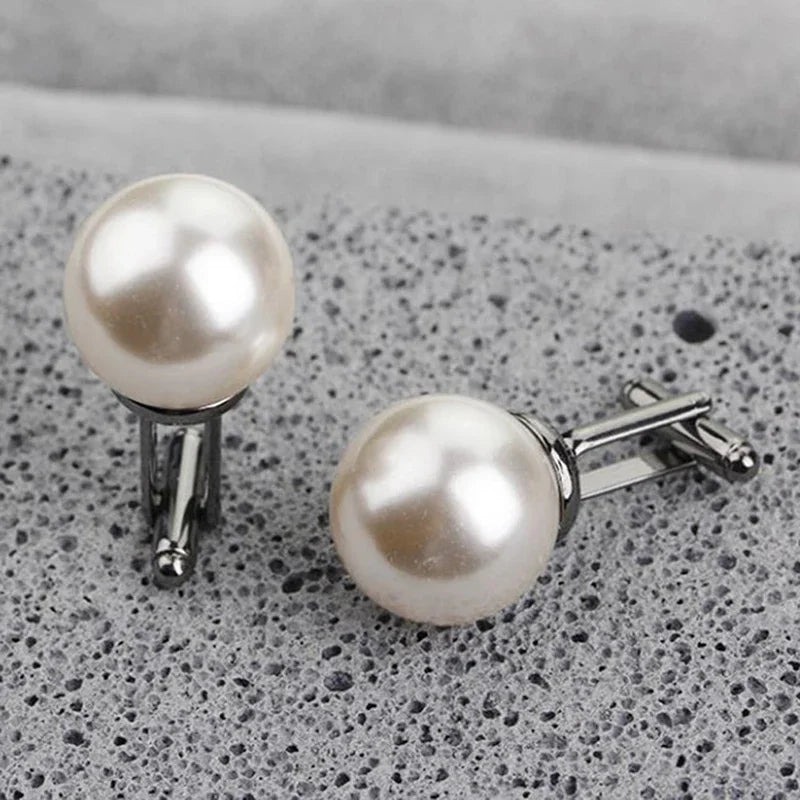 Round White Imitation Pearl Cufflinks – Elegant Business & Wedding Accessory for Men and Women