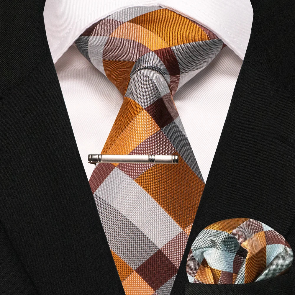 JEMYGINS Black Plaid Silk Tie Set for Men – Necktie, Handkerchief & Tie Clip