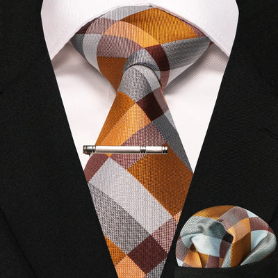 JEMYGINS Black Plaid Silk Tie Set for Men – Necktie, Handkerchief & Tie Clip