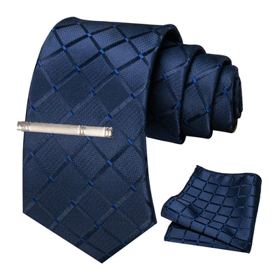 JEMYGINS Black Plaid Silk Tie Set for Men – Necktie, Handkerchief & Tie Clip