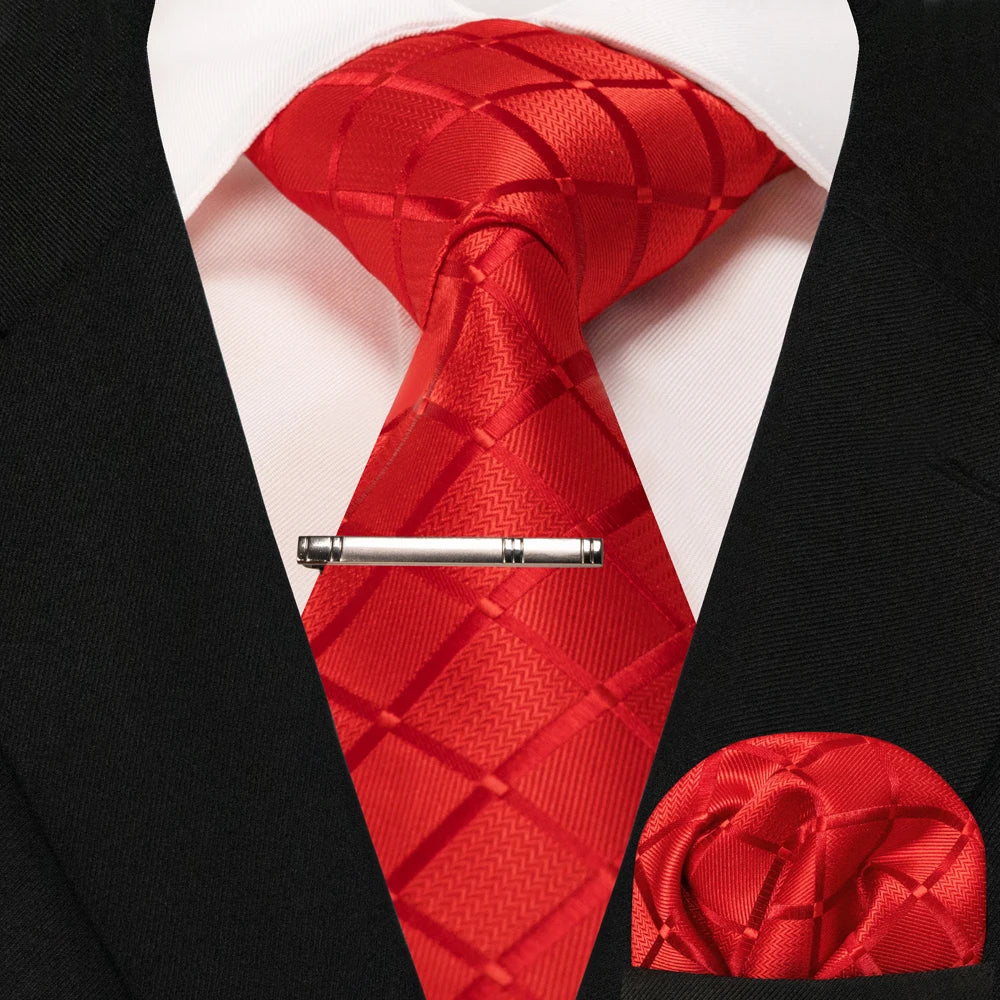 JEMYGINS Black Plaid Silk Tie Set for Men – Necktie, Handkerchief & Tie Clip