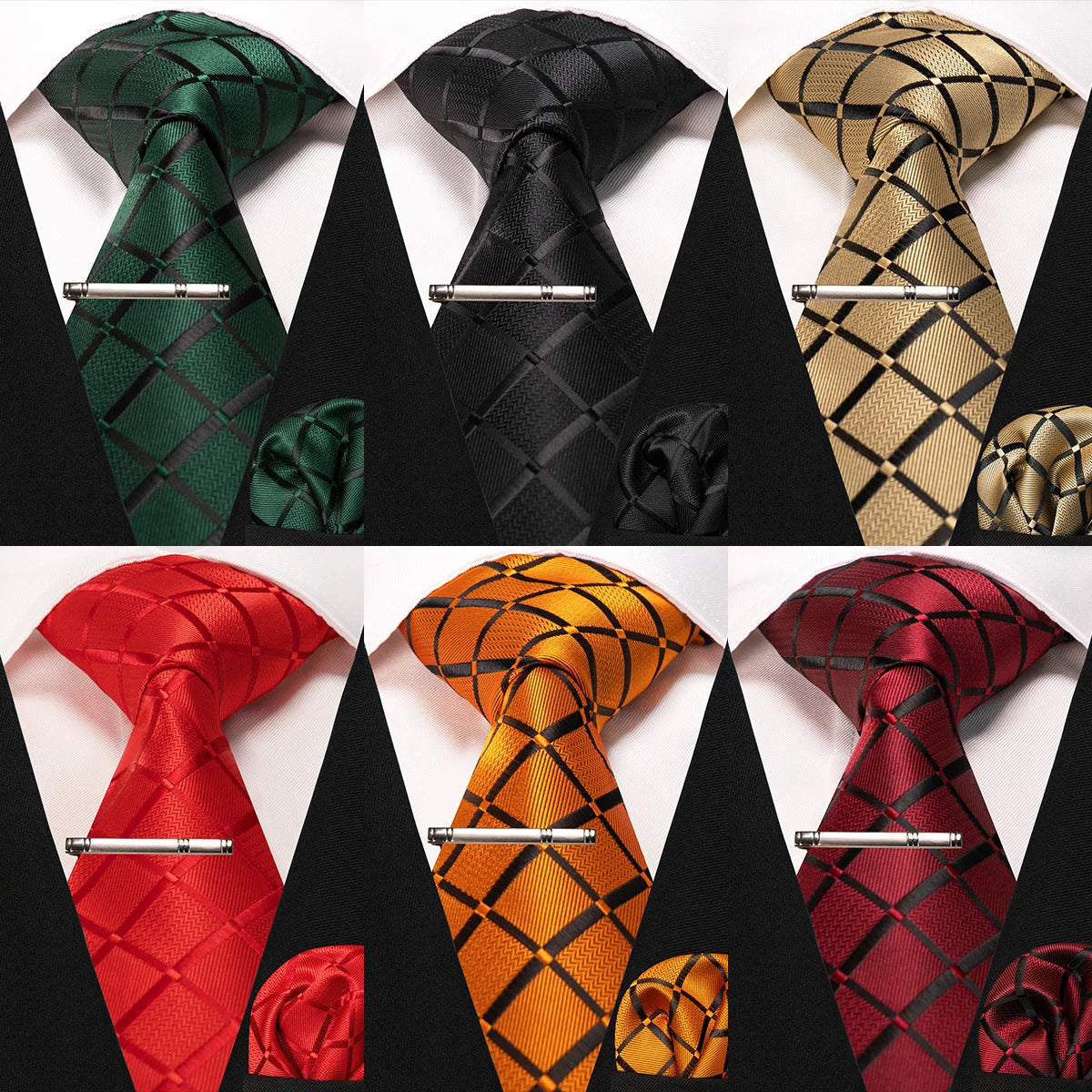 JEMYGINS Black Plaid Silk Tie Set for Men – Necktie, Handkerchief & Tie Clip