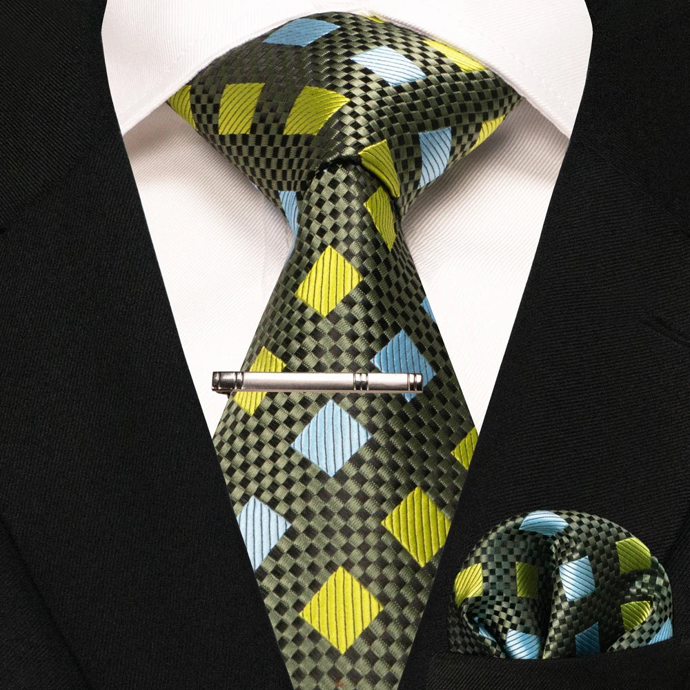 JEMYGINS Black Plaid Silk Tie Set for Men – Necktie, Handkerchief & Tie Clip