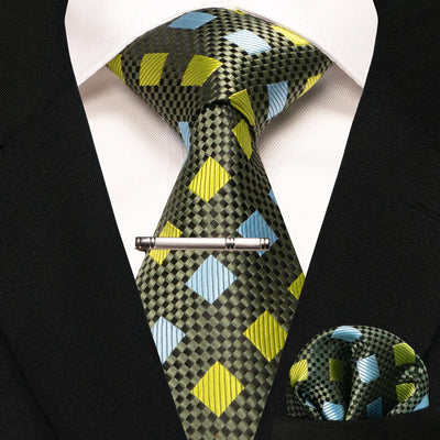 JEMYGINS Black Plaid Silk Tie Set for Men – Necktie, Handkerchief & Tie Clip