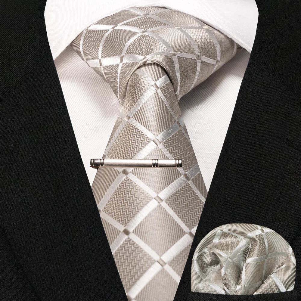 JEMYGINS Black Plaid Silk Tie Set for Men – Necktie, Handkerchief & Tie Clip