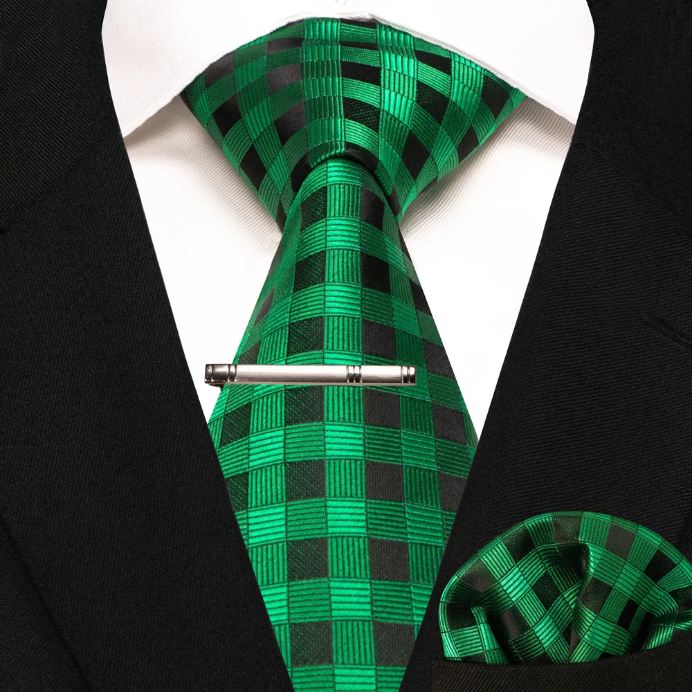 JEMYGINS Black Plaid Silk Tie Set for Men – Necktie, Handkerchief & Tie Clip