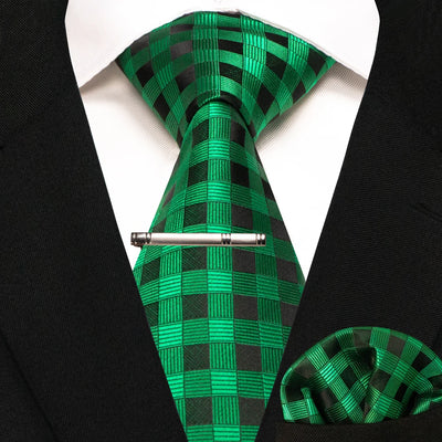 JEMYGINS Black Plaid Silk Tie Set for Men – Necktie, Handkerchief & Tie Clip