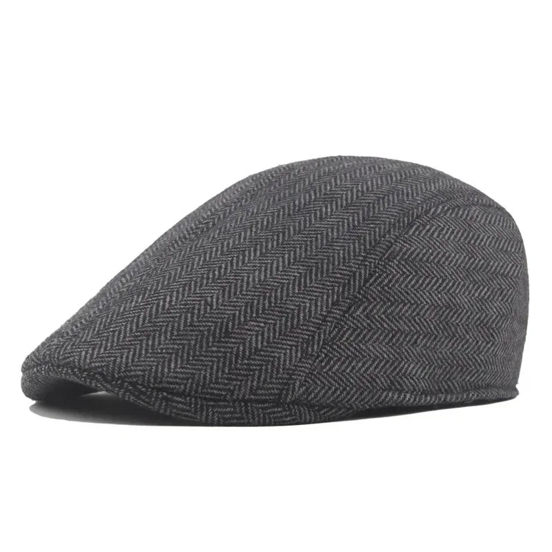 Men’s Retro British Beret – Vintage Wool Blend Herringbone Flat Cap