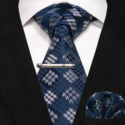 JEMYGINS Black Plaid Silk Tie Set for Men – Necktie, Handkerchief & Tie Clip