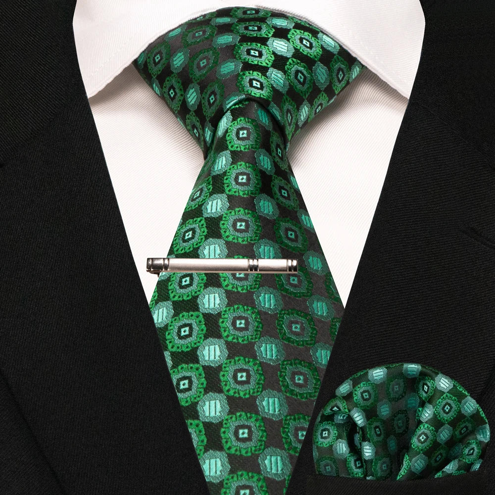 JEMYGINS Black Plaid Silk Tie Set for Men – Necktie, Handkerchief & Tie Clip