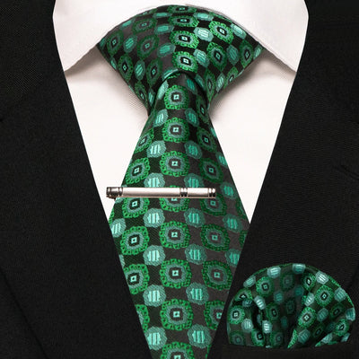 JEMYGINS Black Plaid Silk Tie Set for Men – Necktie, Handkerchief & Tie Clip