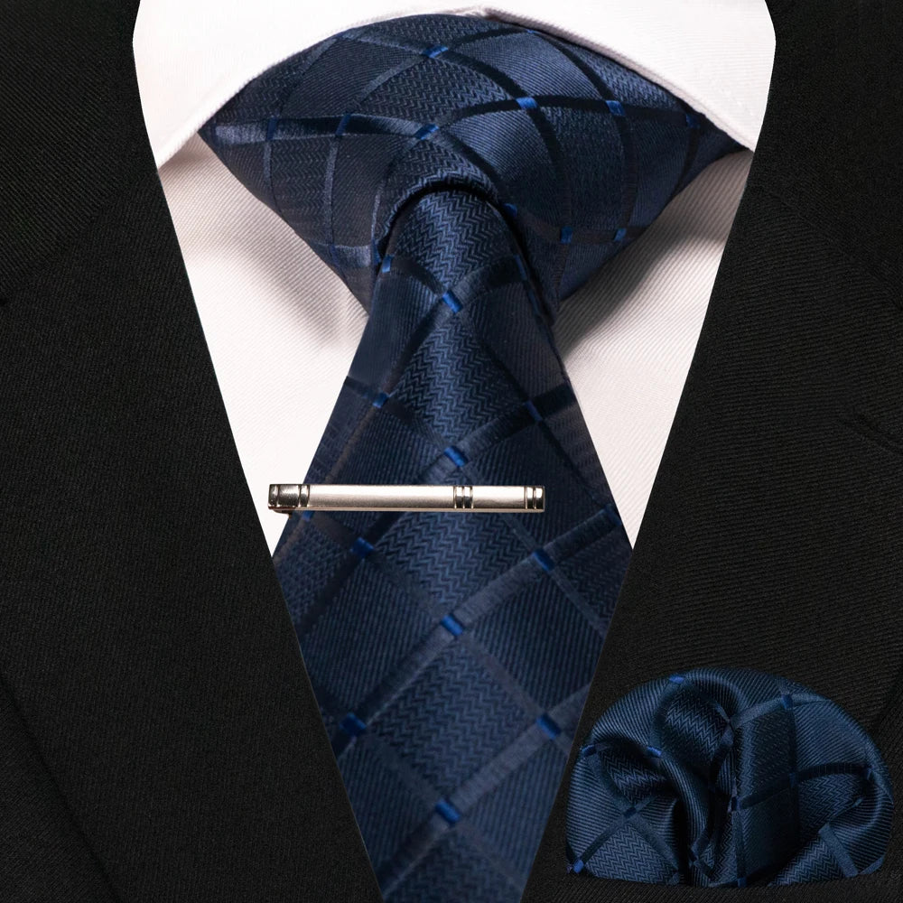 JEMYGINS Black Plaid Silk Tie Set for Men – Necktie, Handkerchief & Tie Clip