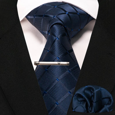 JEMYGINS Black Plaid Silk Tie Set for Men – Necktie, Handkerchief & Tie Clip
