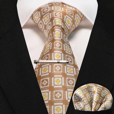 JEMYGINS Black Plaid Silk Tie Set for Men – Necktie, Handkerchief & Tie Clip