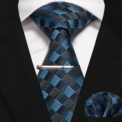 JEMYGINS Black Plaid Silk Tie Set for Men – Necktie, Handkerchief & Tie Clip