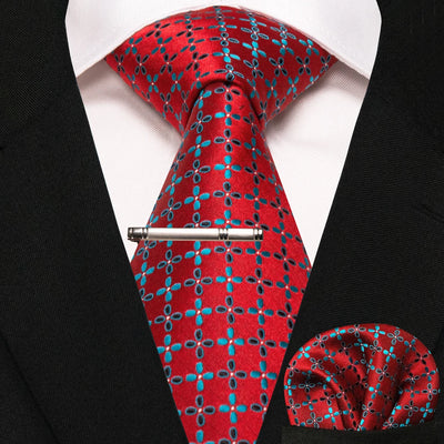 JEMYGINS Black Plaid Silk Tie Set for Men – Necktie, Handkerchief & Tie Clip
