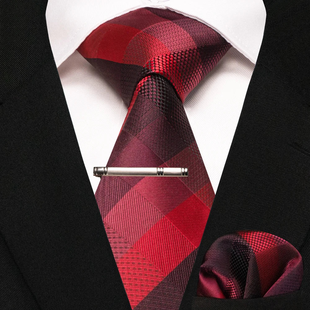 JEMYGINS Black Plaid Silk Tie Set for Men – Necktie, Handkerchief & Tie Clip