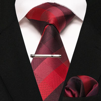 JEMYGINS Black Plaid Silk Tie Set for Men – Necktie, Handkerchief & Tie Clip
