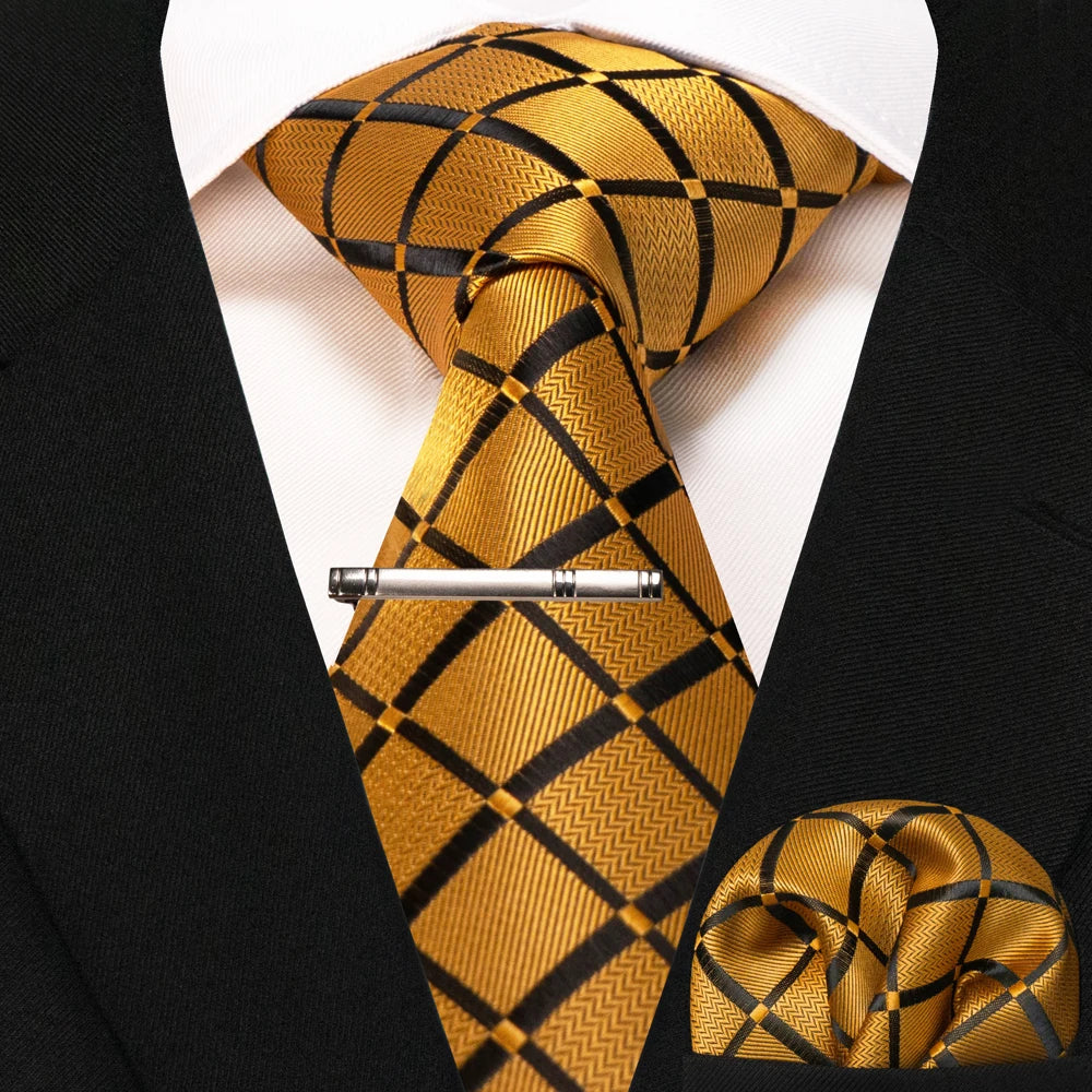 JEMYGINS Black Plaid Silk Tie Set for Men – Necktie, Handkerchief & Tie Clip