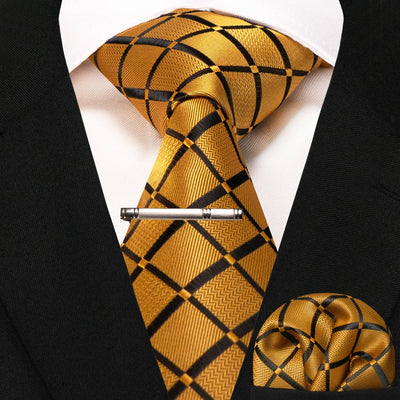 JEMYGINS Black Plaid Silk Tie Set for Men – Necktie, Handkerchief & Tie Clip