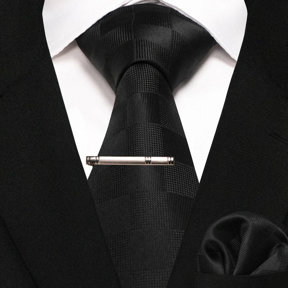 JEMYGINS Black Plaid Silk Tie Set for Men – Necktie, Handkerchief & Tie Clip
