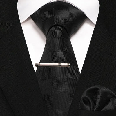 JEMYGINS Black Plaid Silk Tie Set for Men – Necktie, Handkerchief & Tie Clip