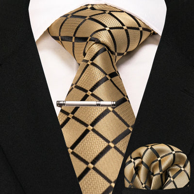 JEMYGINS Black Plaid Silk Tie Set for Men – Necktie, Handkerchief & Tie Clip