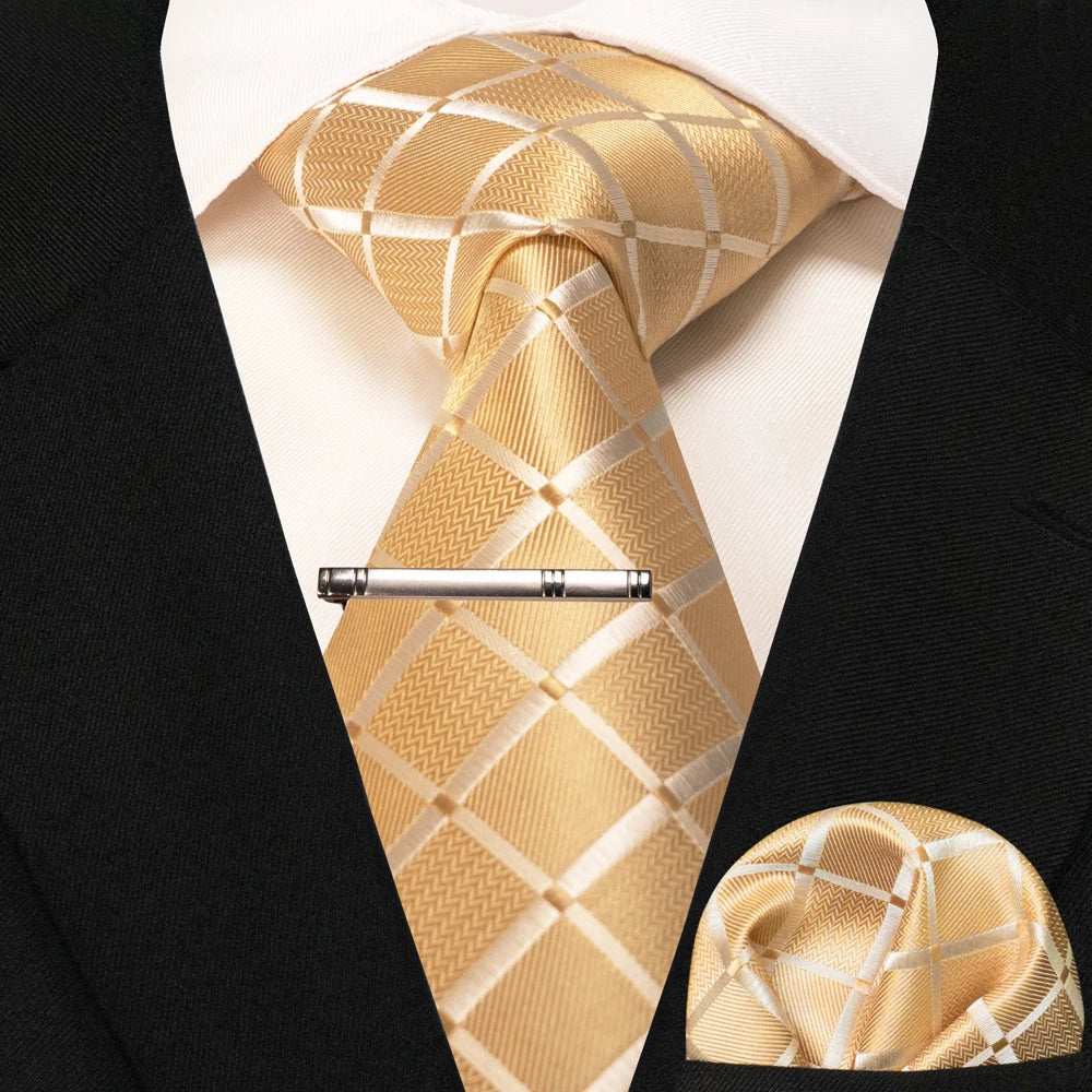 JEMYGINS Black Plaid Silk Tie Set for Men – Necktie, Handkerchief & Tie Clip