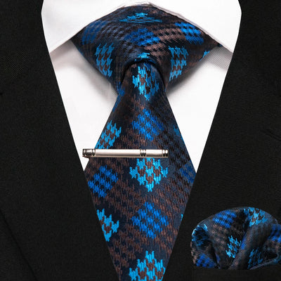 JEMYGINS Black Plaid Silk Tie Set for Men – Necktie, Handkerchief & Tie Clip