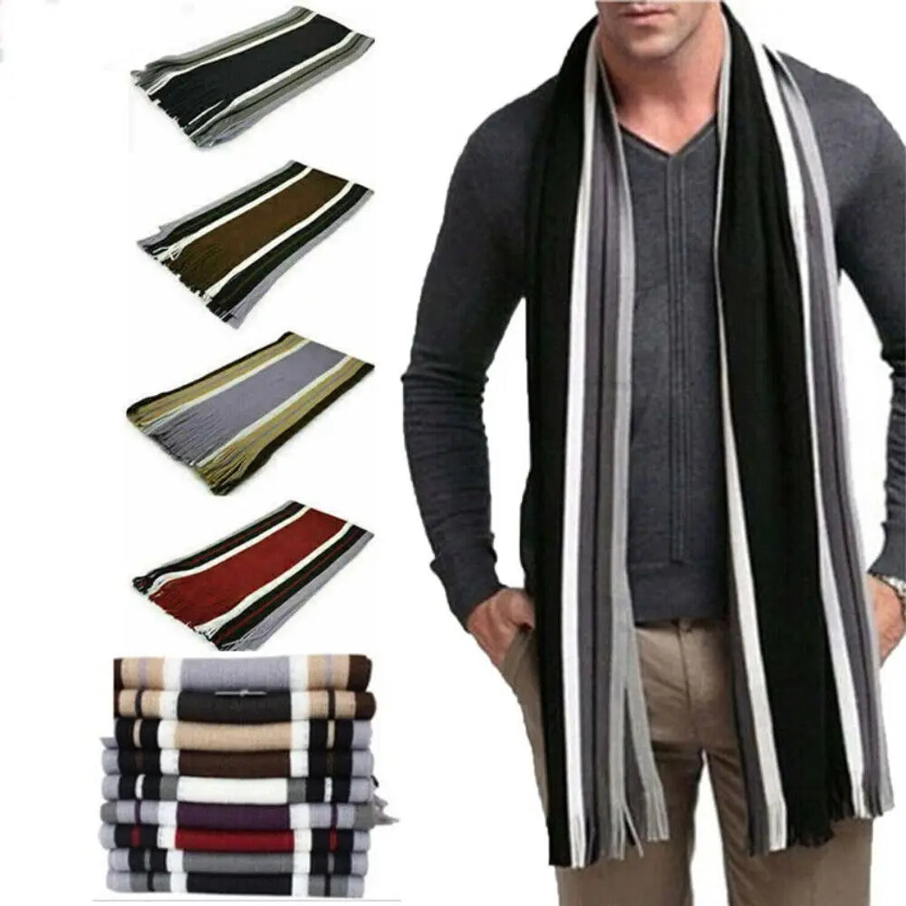 Casual Cashmere Men Striped Scarf – Winter Warm Tassel Shawl