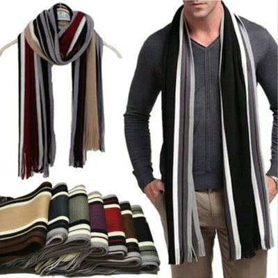 Casual Cashmere Men Striped Scarf – Winter Warm Tassel Shawl