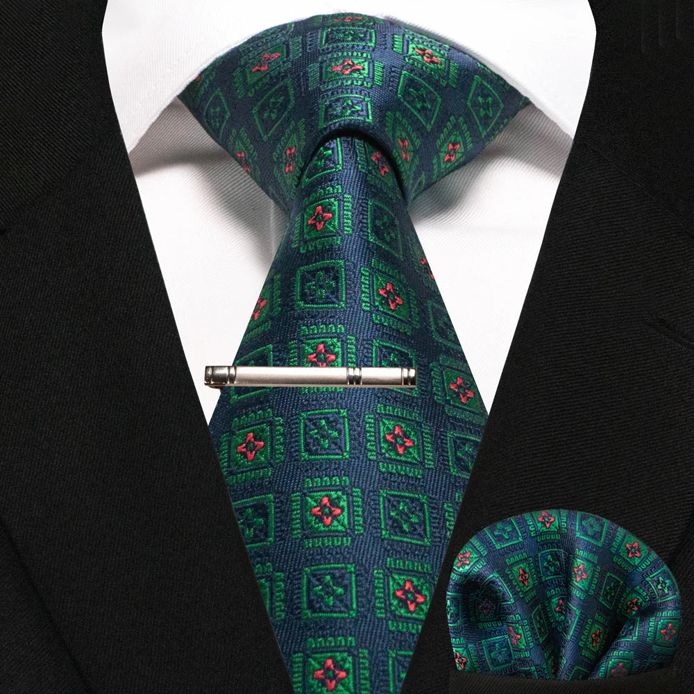 JEMYGINS Black Plaid Silk Tie Set for Men – Necktie, Handkerchief & Tie Clip