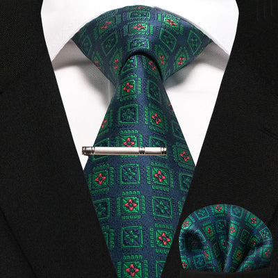 JEMYGINS Black Plaid Silk Tie Set for Men – Necktie, Handkerchief & Tie Clip