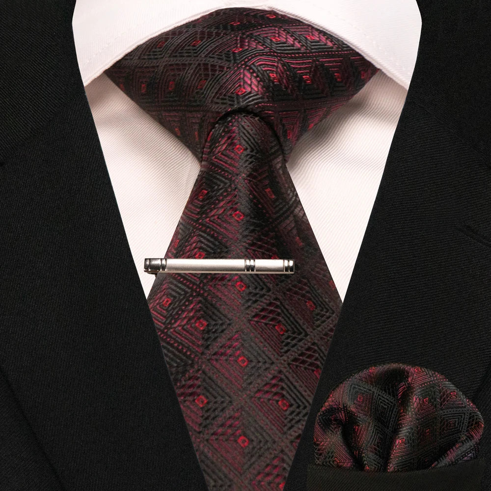 JEMYGINS Black Plaid Silk Tie Set for Men – Necktie, Handkerchief & Tie Clip