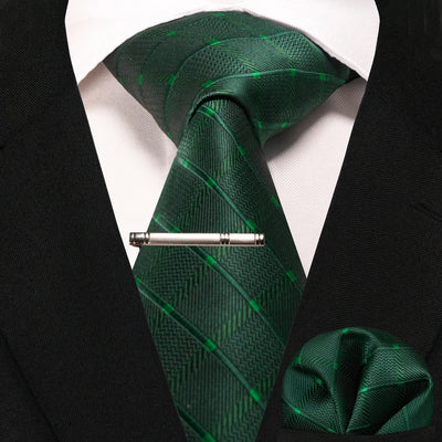 JEMYGINS Black Plaid Silk Tie Set for Men – Necktie, Handkerchief & Tie Clip