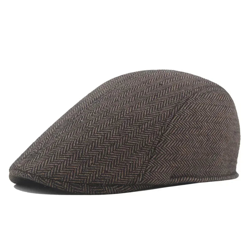 Men’s Retro British Beret – Vintage Wool Blend Herringbone Flat Cap