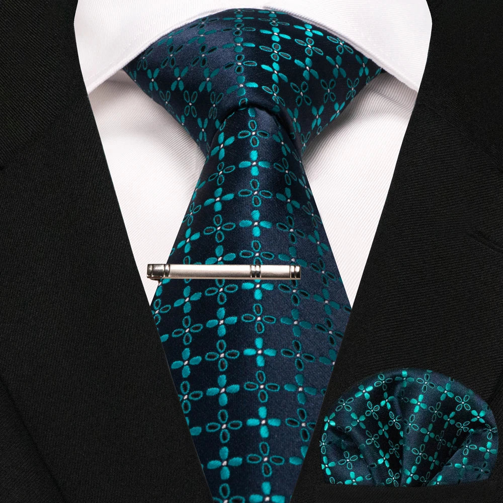 JEMYGINS Black Plaid Silk Tie Set for Men – Necktie, Handkerchief & Tie Clip