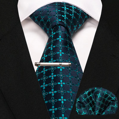 JEMYGINS Black Plaid Silk Tie Set for Men – Necktie, Handkerchief & Tie Clip