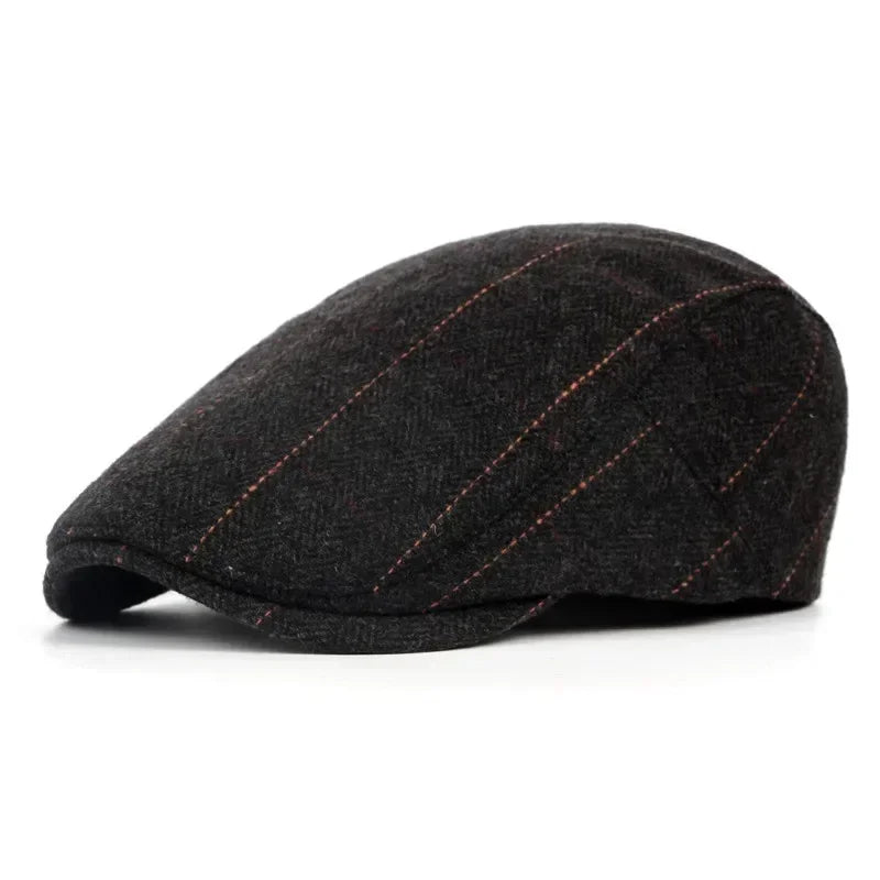 Men’s Retro British Beret – Vintage Wool Blend Herringbone Flat Cap