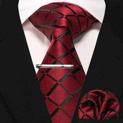 JEMYGINS Black Plaid Silk Tie Set for Men – Necktie, Handkerchief & Tie Clip