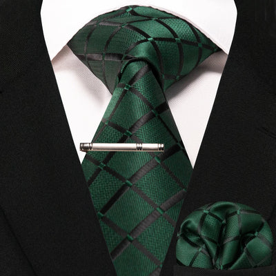 JEMYGINS Black Plaid Silk Tie Set for Men – Necktie, Handkerchief & Tie Clip