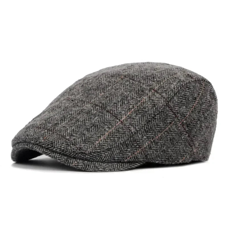 Men’s Retro British Beret – Vintage Wool Blend Herringbone Flat Cap