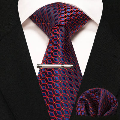 JEMYGINS Black Plaid Silk Tie Set for Men – Necktie, Handkerchief & Tie Clip