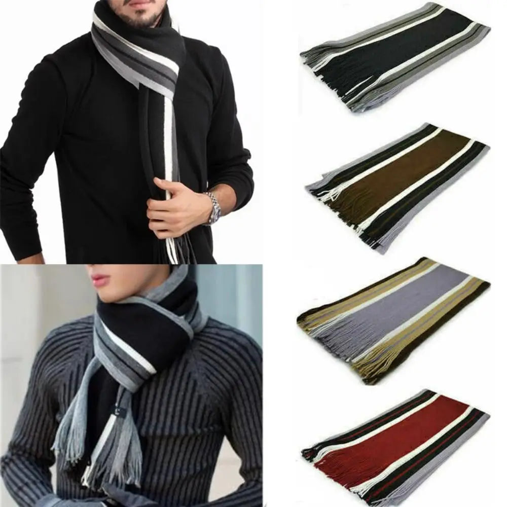Casual Cashmere Men Striped Scarf – Winter Warm Tassel Shawl